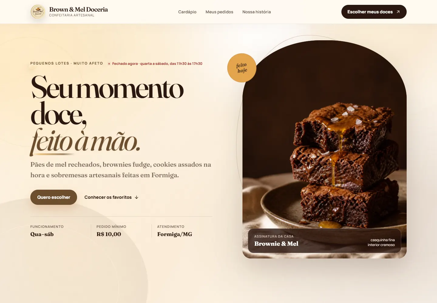 Site da Brown & Mel com identidade em tons de chocolate e apresentação de doces artesanais.