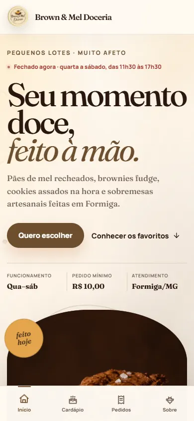 Home mobile da Brown & Mel, com apresentação da doceria e botão Quero escolher.