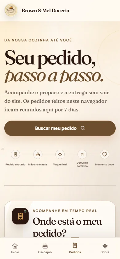 Página real de pedidos da Brown & Mel no celular, com consulta e etapas de acompanhamento.
